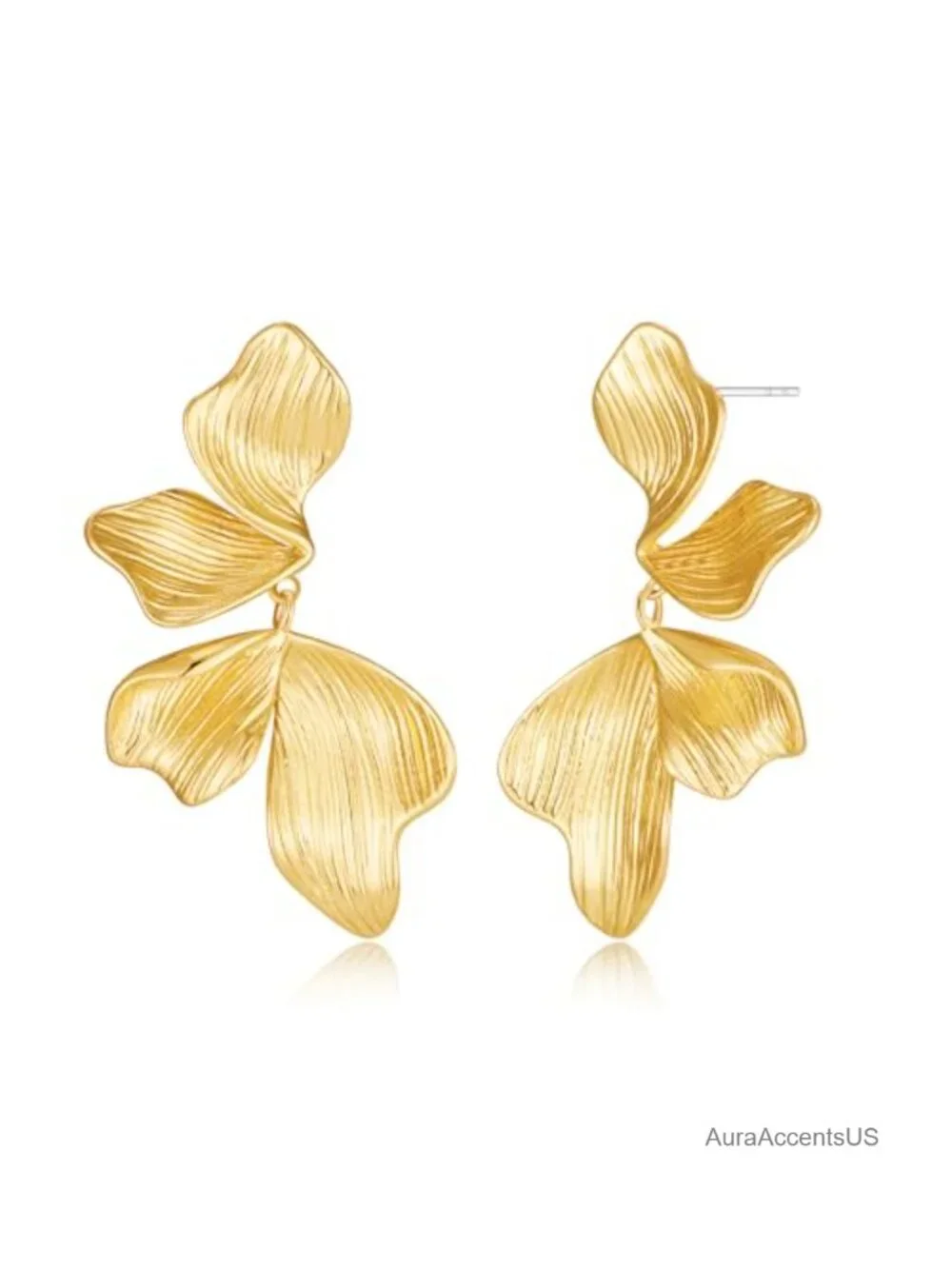 18K Gold Plated Textured Leaf Drop Earrings Statement Dangle Floral Petal